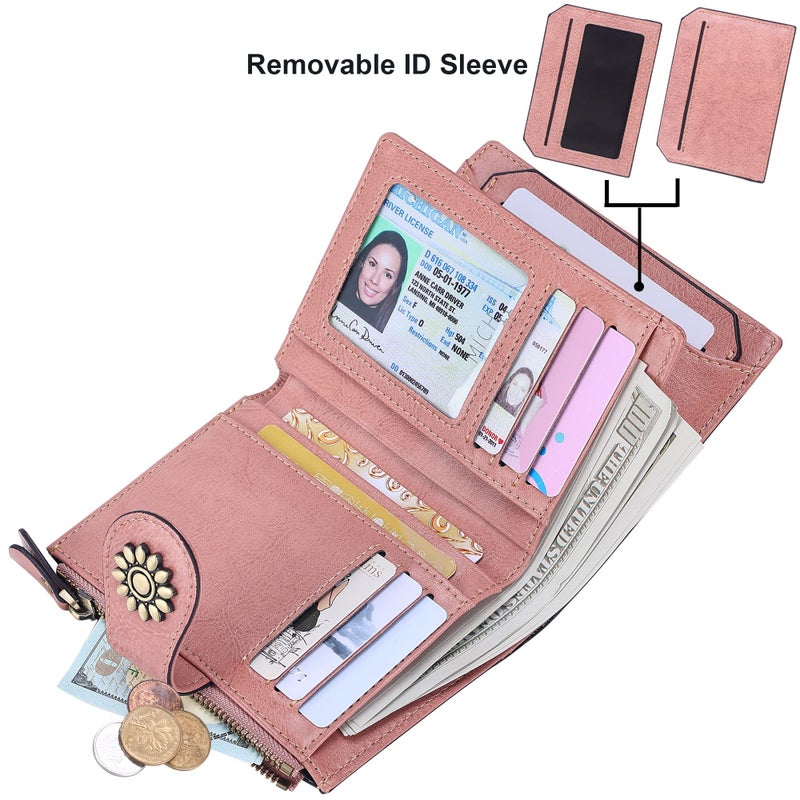 Lavemi Womens Leather Wallet Small Compact RFID Blocking Credit Card Case Purse with Zipper Pocket(Dark Pink) - Image 2